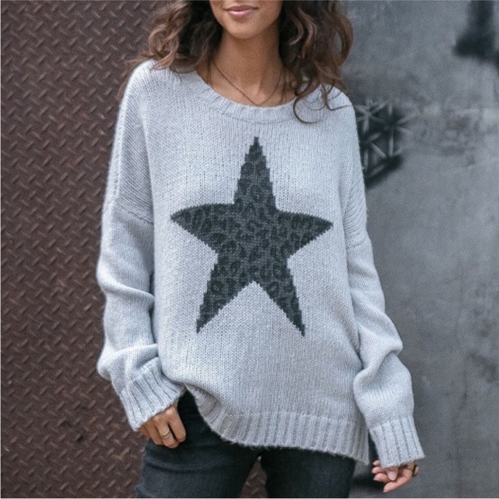 Wooden Ships Star Leopard Sweater Gray XS Small